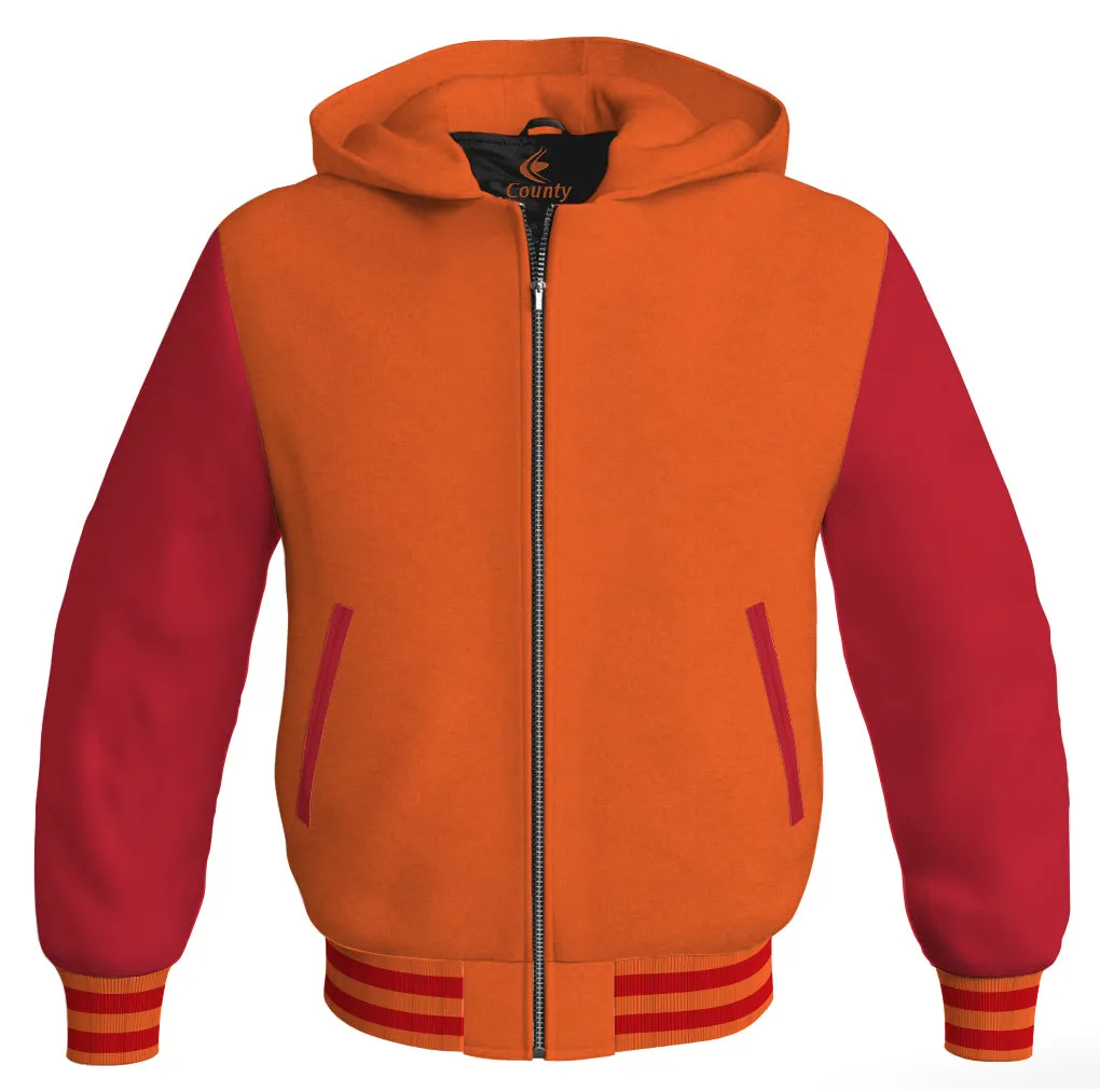 Letterman Hoodie Orange Body and Red Leather Sleeves Varsity Hoodie