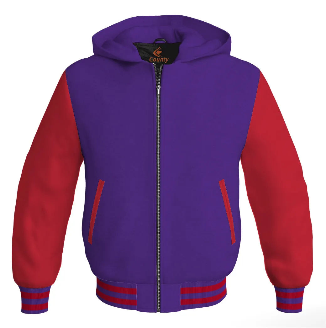 Letterman Hoodie Purple Body and Red Leather Sleeves Varsity Hoodie