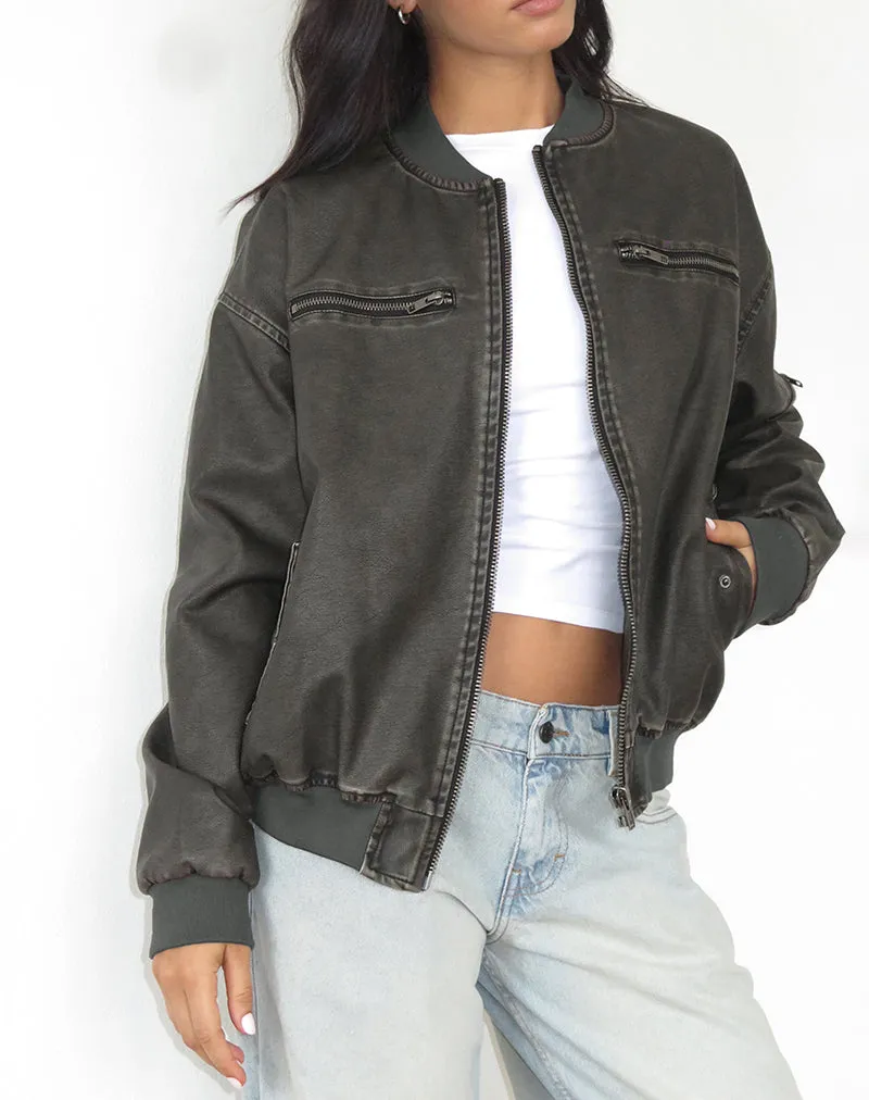 Marco Distressed Bomber Jacket in PU Charcoal