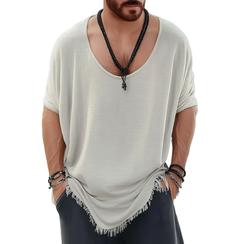 Men's Casual Cotton Round Neck Loose Hem Tassel Long Sleeve T-Shirt 14645668M