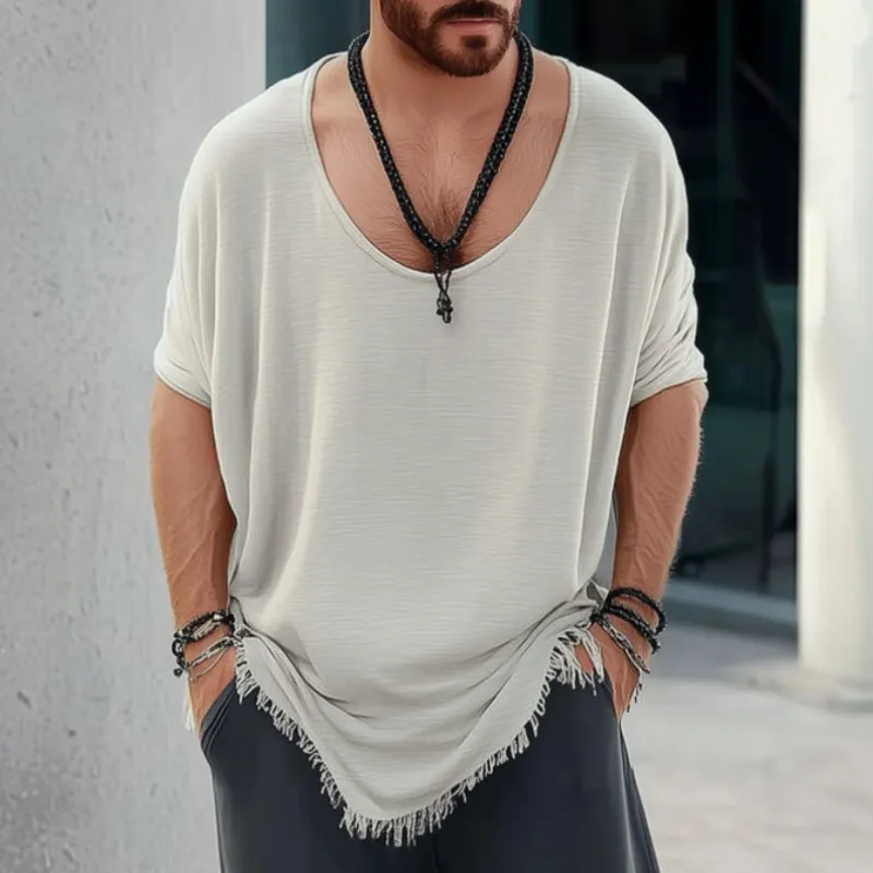 Men's Casual Cotton Round Neck Loose Hem Tassel Long Sleeve T-Shirt 14645668M