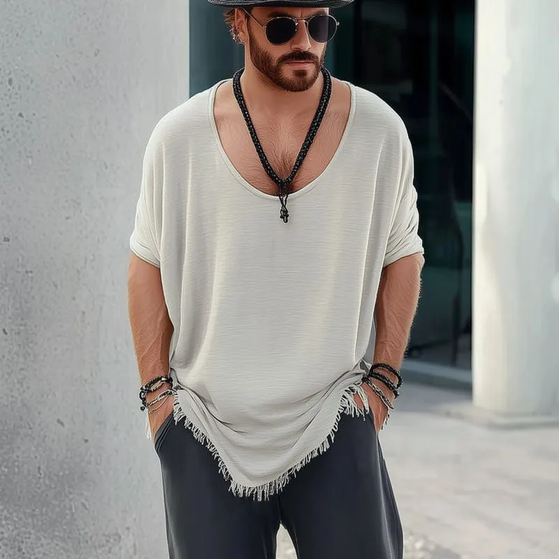 Men's Casual Cotton Round Neck Loose Hem Tassel Long Sleeve T-Shirt 14645668M