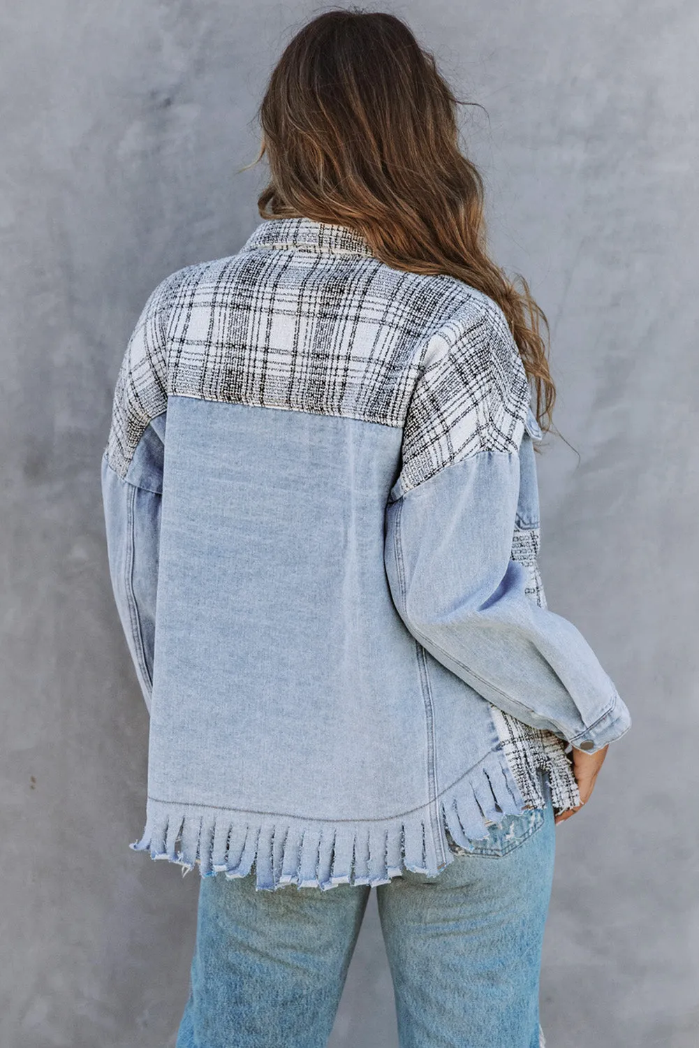 Plaid Patchwork Fringed Flap Pockets Denim Jacket