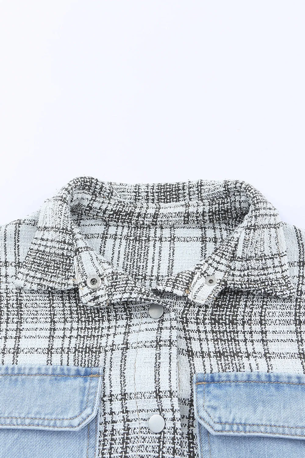 Plaid Patchwork Fringed Flap Pockets Denim Jacket