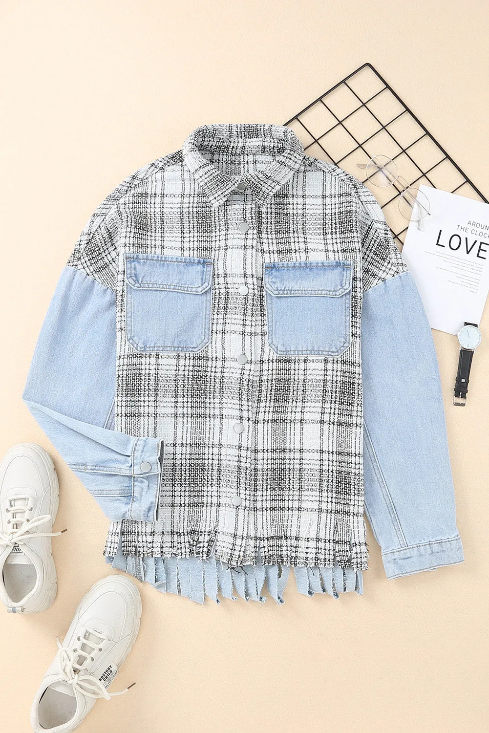 Plaid Patchwork Fringed Flap Pockets Denim Jacket