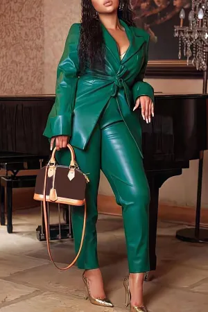 PU Leather Belted Blazer & Pants Set