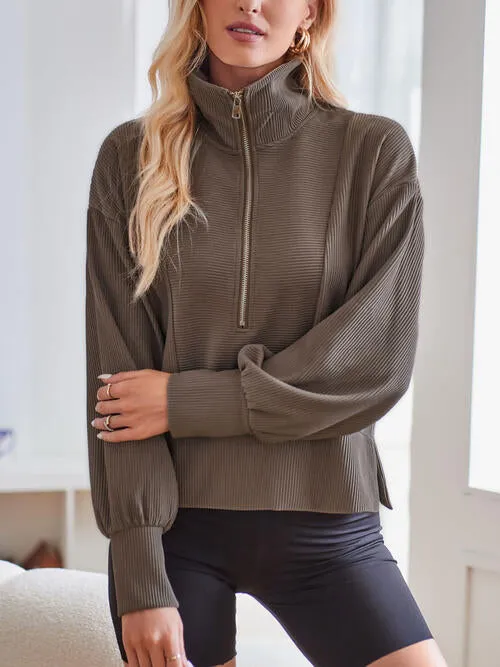 Ribbed Half Zip Collared Neck Sweatshirt