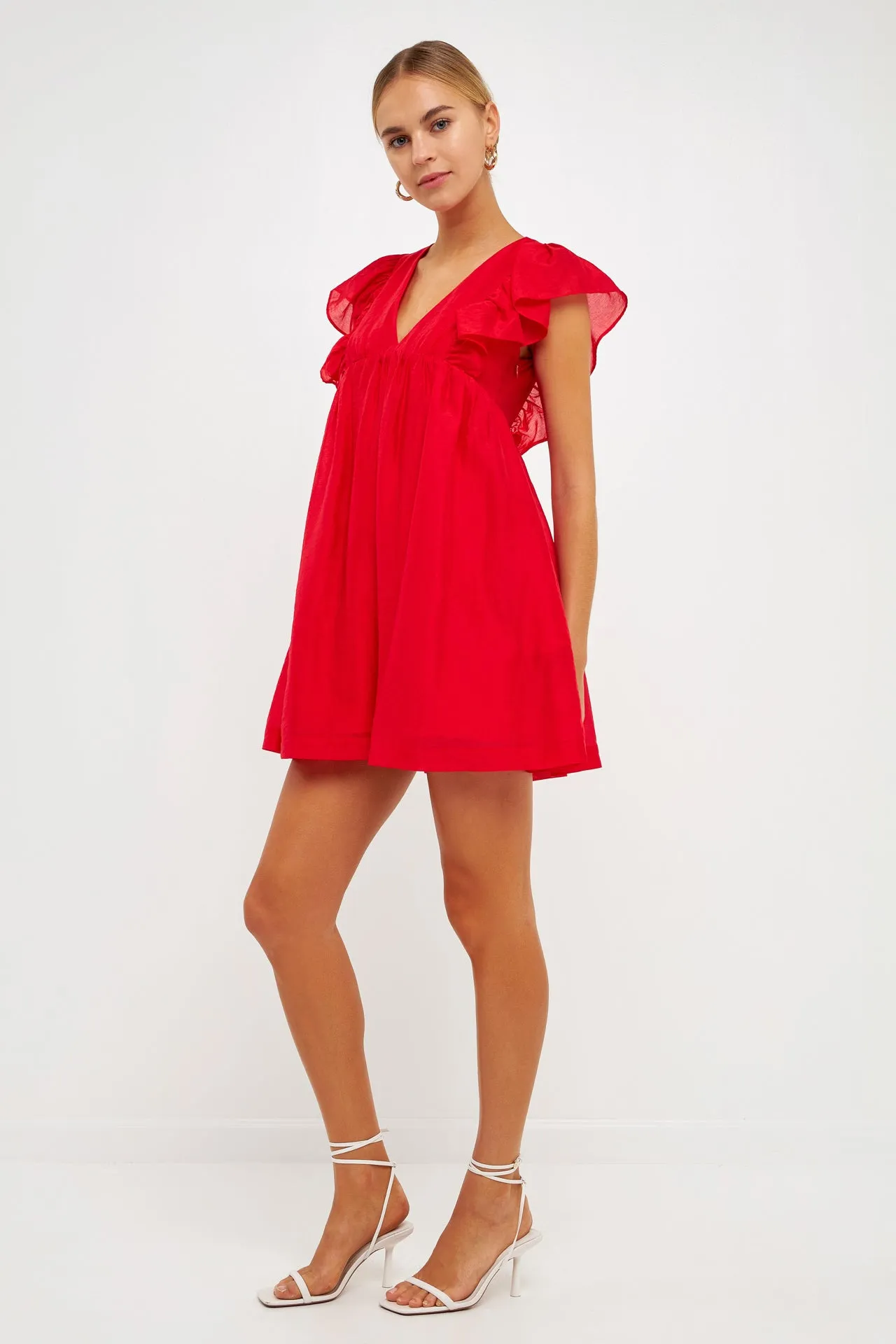 Ruffled V Neck Mini Flounce Dress