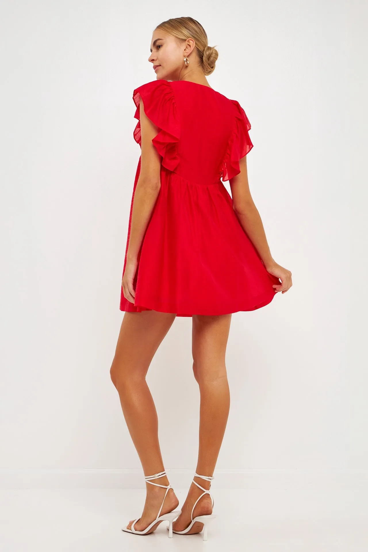 Ruffled V Neck Mini Flounce Dress