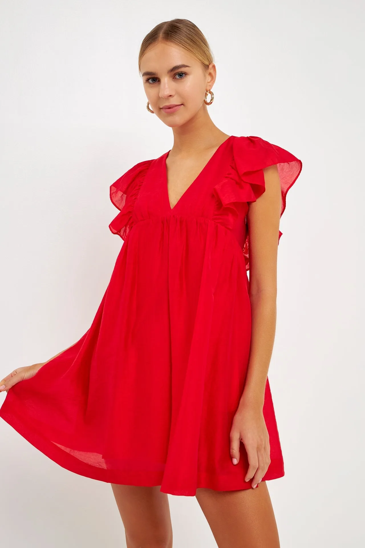 Ruffled V Neck Mini Flounce Dress