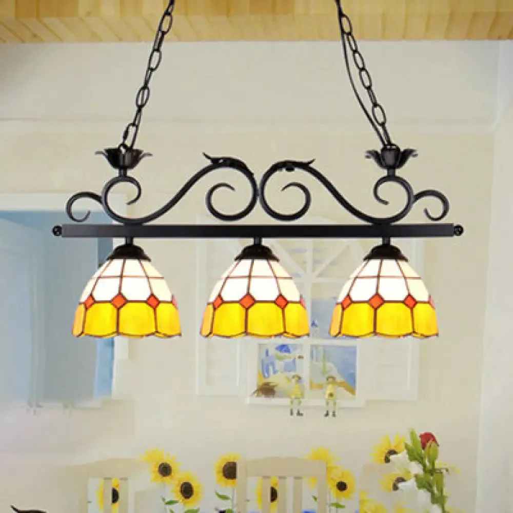 Stylish Yellow Dome Island Lighting: Tiffany-Inspired 3-Light Pendant for Dining Room