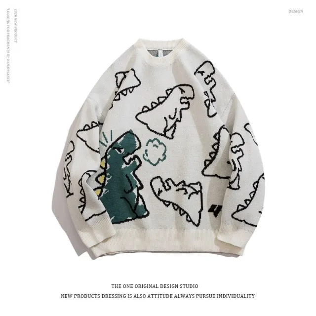 Sweater Men Harajuku Fashion Knitted Hip Hop Streetwear Dinosaur Cartoon Pullover O-neck Oversize Casual Couple Male Sweaters