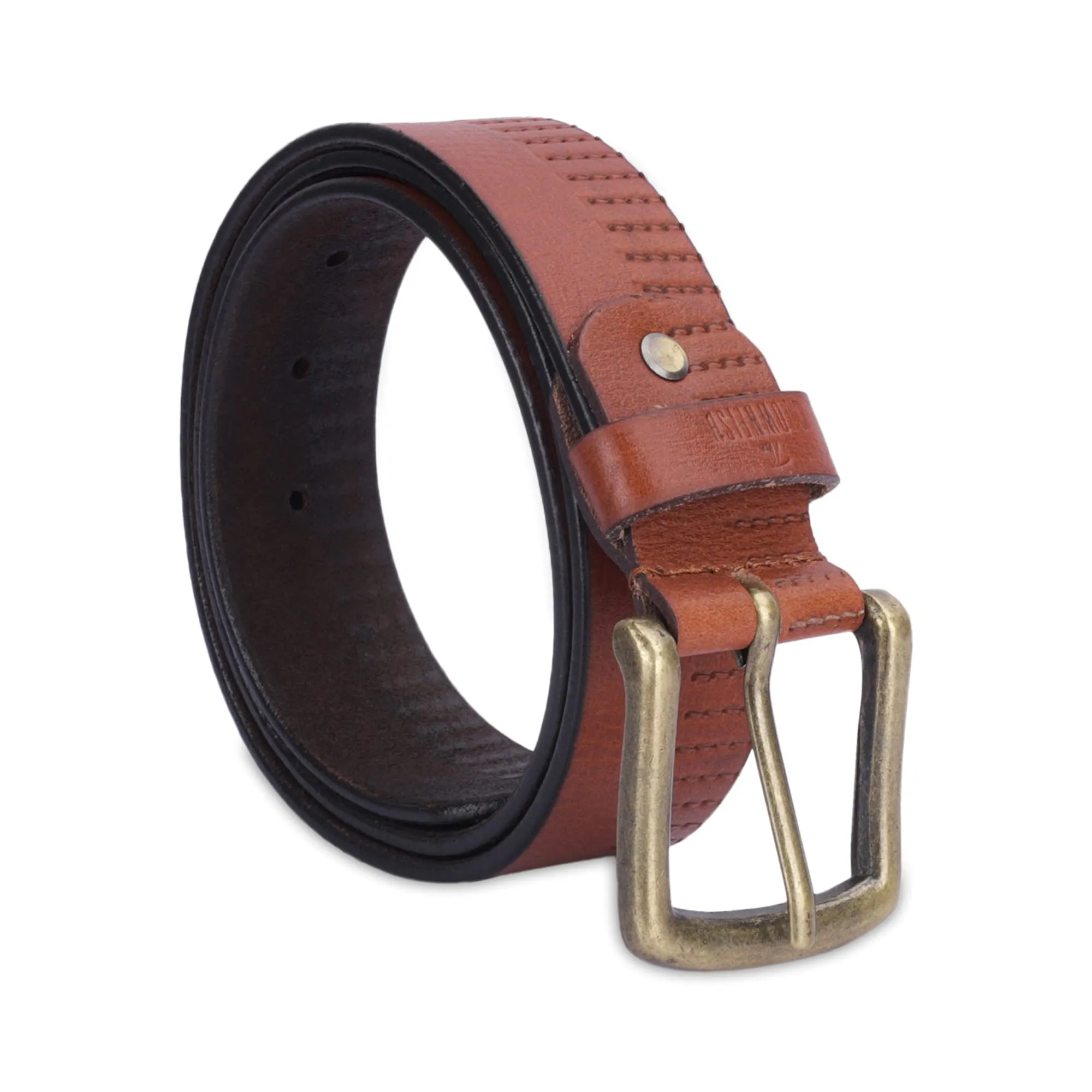 THE CLOWNFISH Men's Genuine Leather Belt with Textured Design - Tan (Size -40 inches)