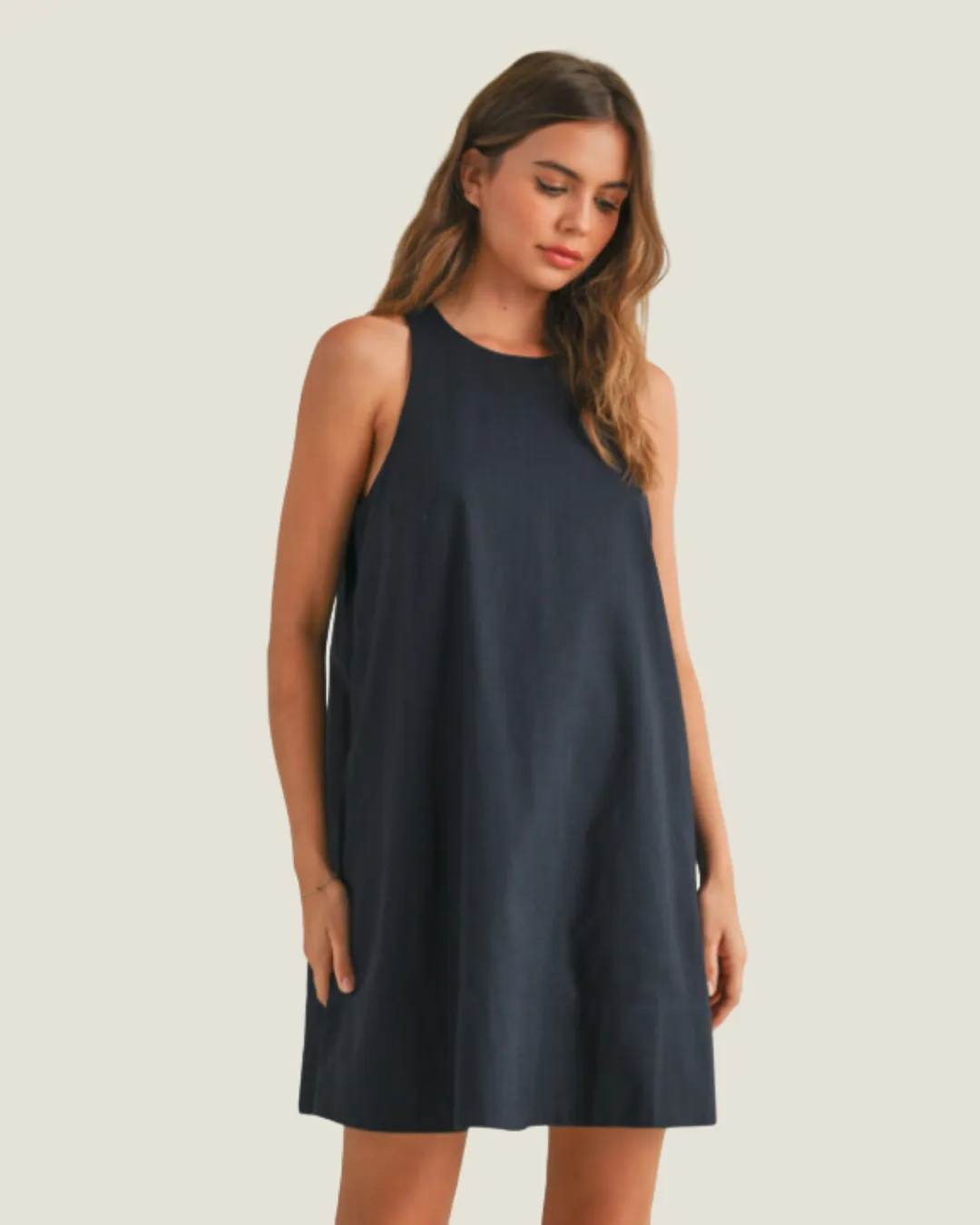 The Sandra: Navy Sleeveless A Line Mini Dress with Pockets