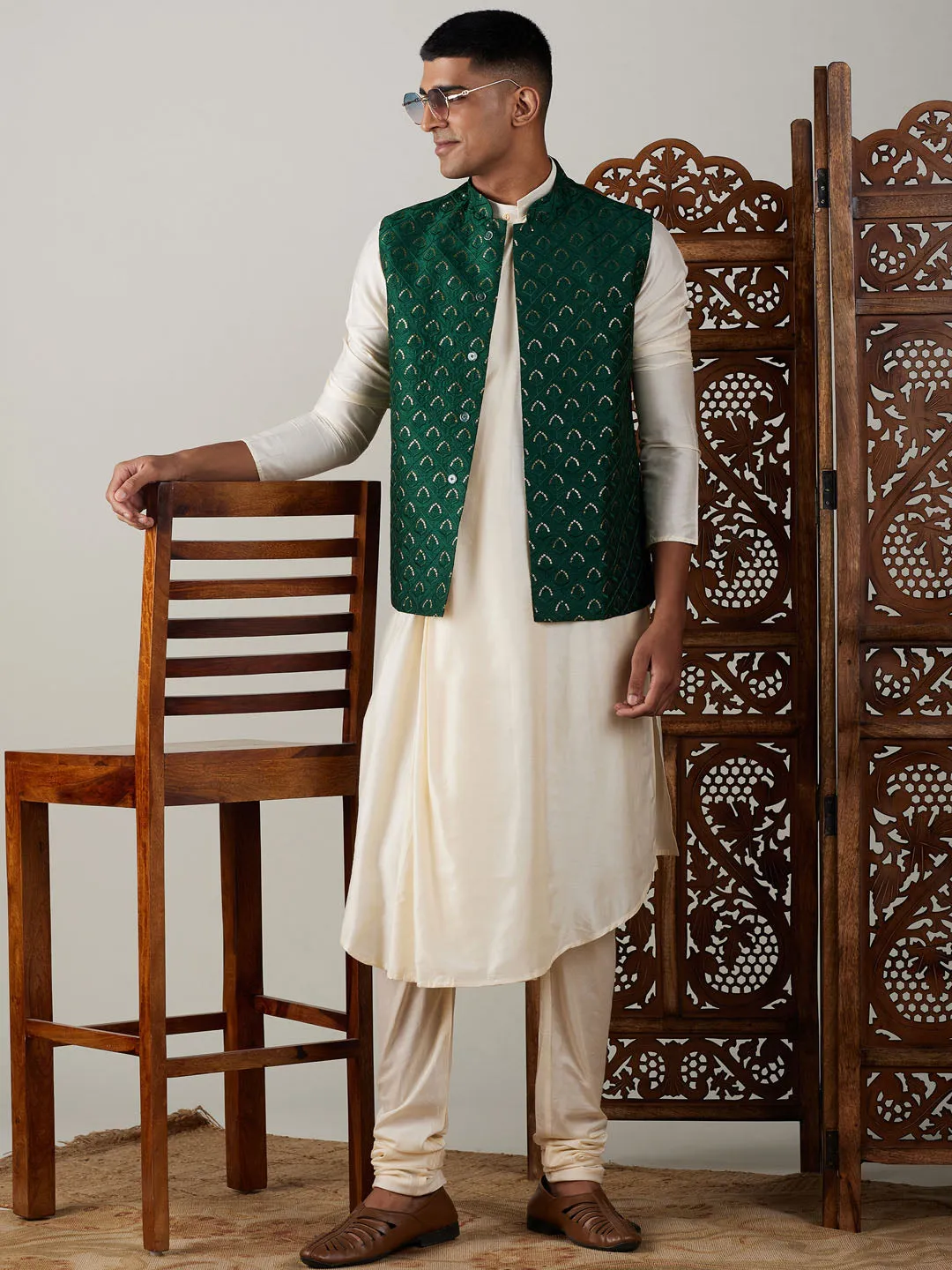 Vastramay Green Jacket Kurta Pyjama Set