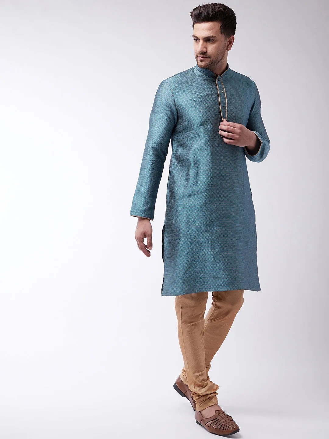 VASTRAMAY Men's Aqua Silk Kurta Churidar