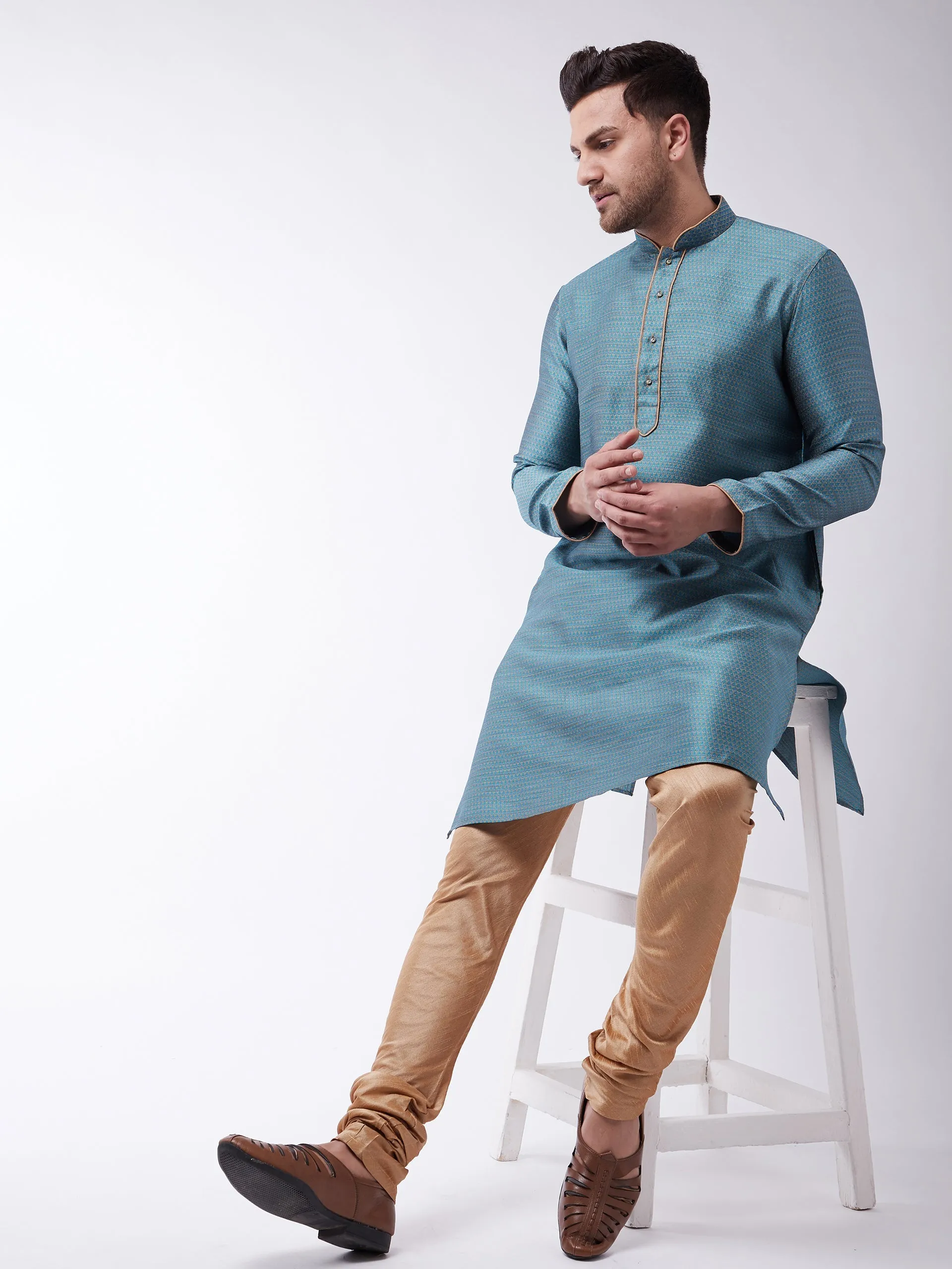 VASTRAMAY Men's Aqua Silk Kurta Churidar