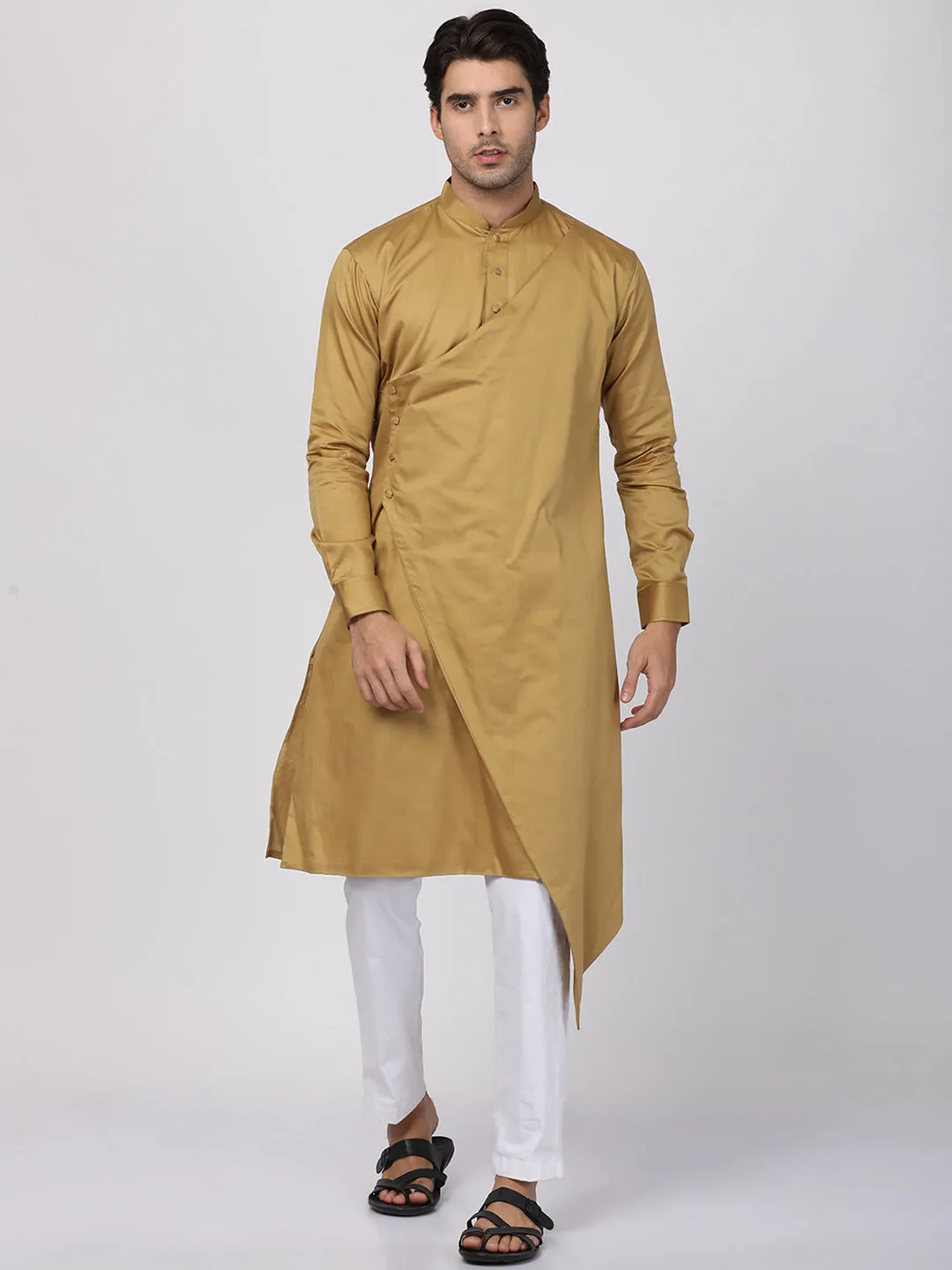 VASTRAMAY Men's Beige Cotton Silk Blend Kurta