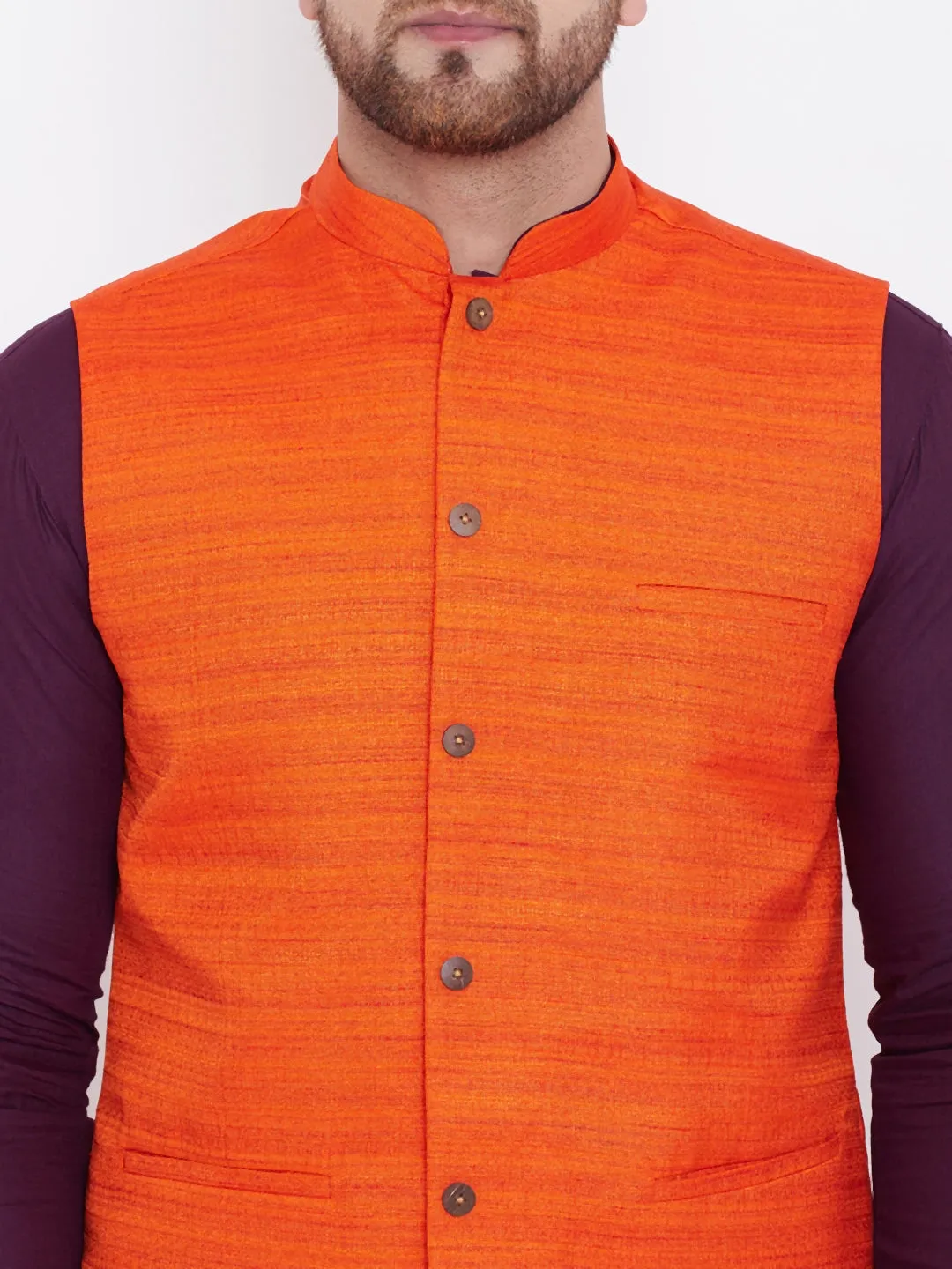 VASTRAMAY Orange, Purple And White Baap Beta Nehru Jacket Kurta Pyjama set