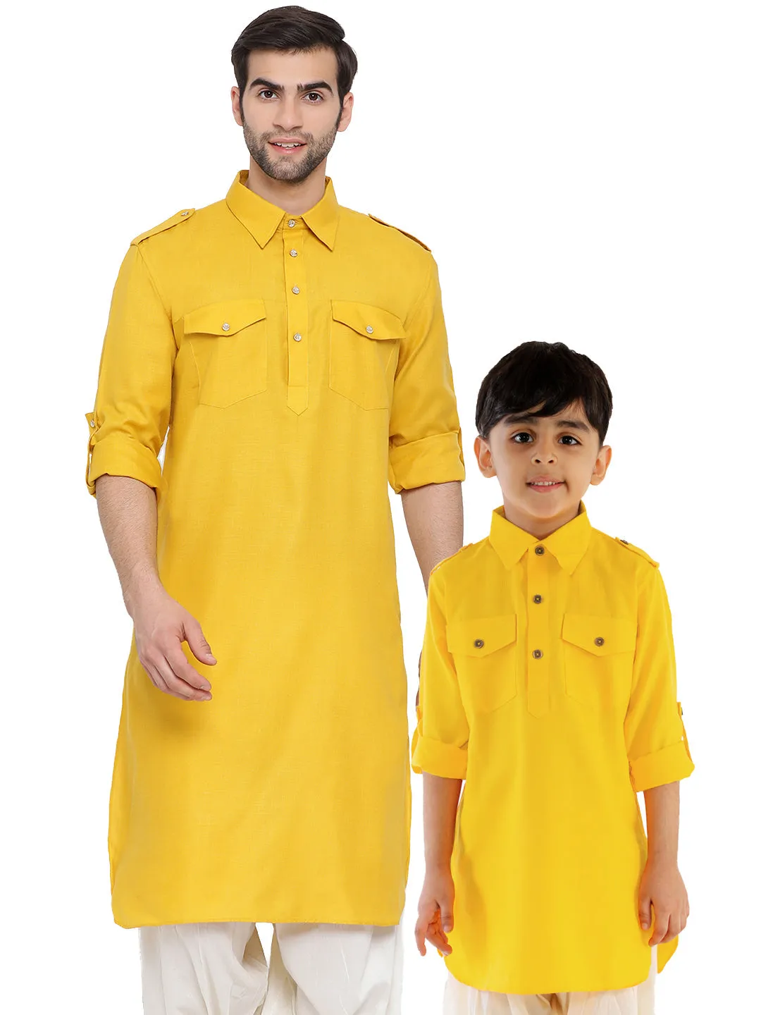 Vastramay Yellow Cotton Blend Baap Beta Pathani Kurta