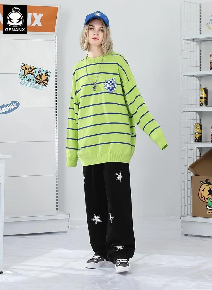 Vintage Stripe Cartoon Jacquard Graphic Sweater