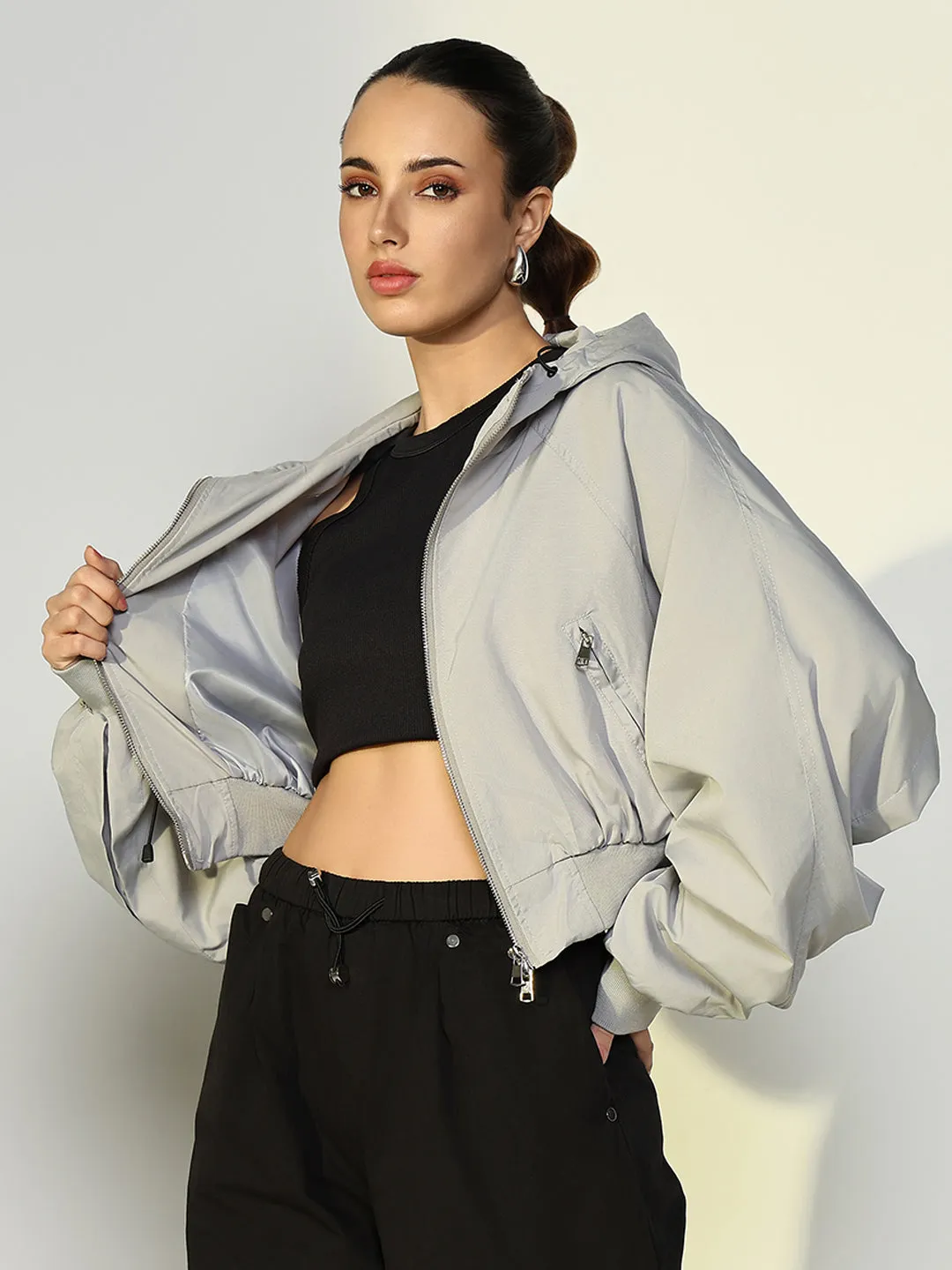 Women Solid Grey Crop Bomber Jacket