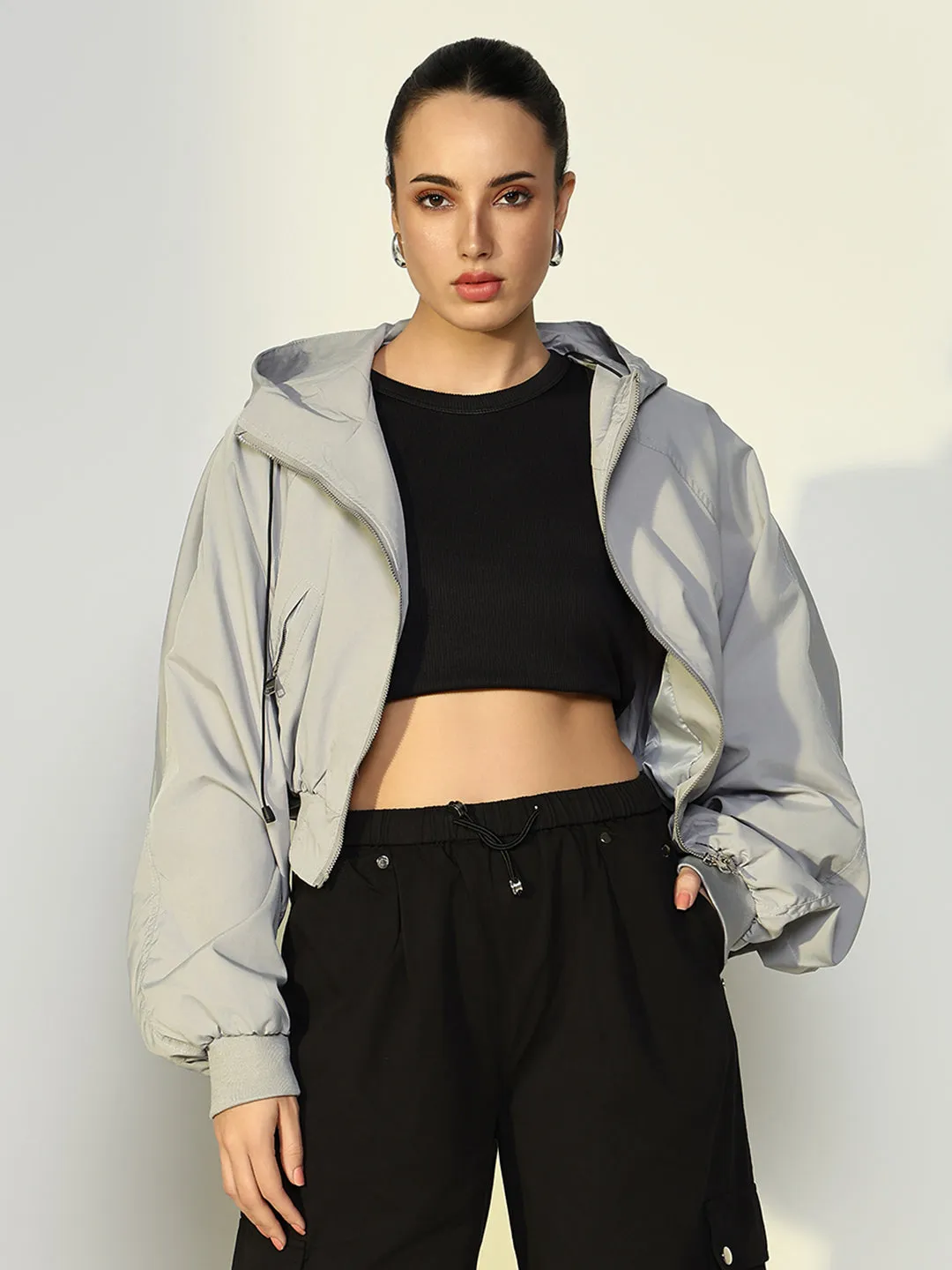 Women Solid Grey Crop Bomber Jacket