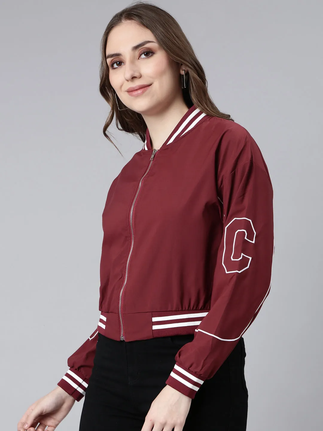 Women Solid Maroon Crop Drop Shoulder Bomber Jacket